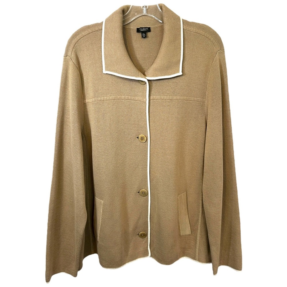 Talbots Plus Size 3XP‎ Cardigan Sweater Knit Beige White Trim Button Granola 306